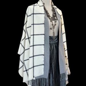 Shawl Gray Fringe and Cream Windowpane Plaid Shawl Scarf Wrap Bundle of Two